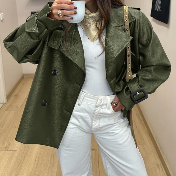 Womens Army Green Faux Leather Jacket | Button Down Moto Coat | Trendy Fall - Picture 6 of 6